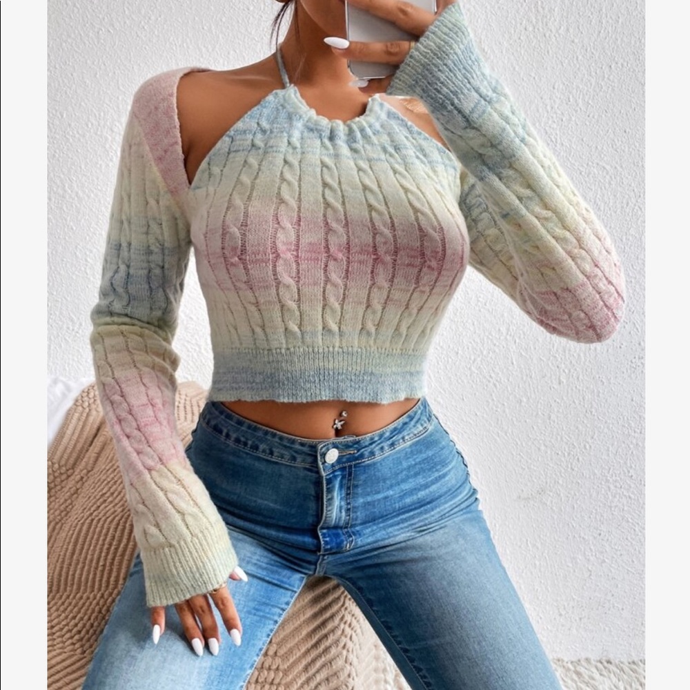 Ombre Long Sleeve Cold Shoulder Halter Crop Top Sweater - Picture 3 of 6